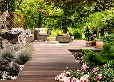 timber decking with tropical garden